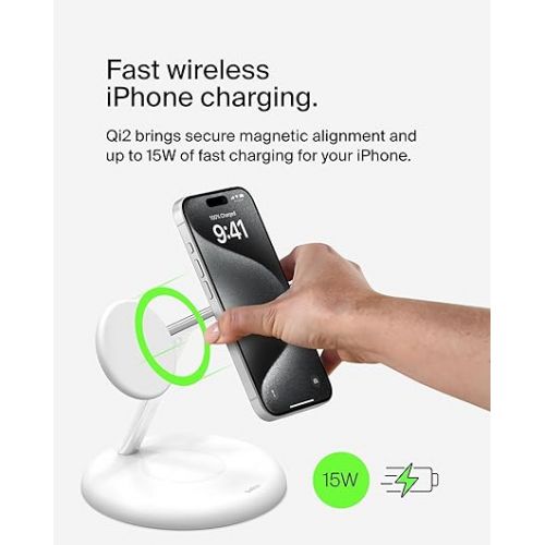 벨킨 Belkin 3-in-1 Wireless Charging Stand with Magnetic MagSafe Compatible Qi2 15W, Fast Charging iPhone Charger for iPhone 15, 14, and 13 Series, AirPods, Apple Watch, & More (PSU Included) - White