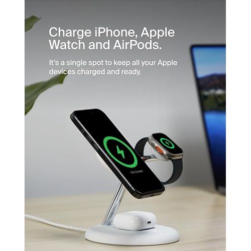 벨킨 Belkin 3-in-1 Wireless Charging Stand with Magnetic MagSafe Compatible Qi2 15W, Fast Charging iPhone Charger for iPhone 15, 14, and 13 Series, AirPods, Apple Watch, & More (PSU Included) - White