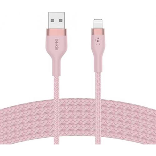 벨킨 Belkin BoostCharge Pro Flex Braided USB Type A to Lightning Cable (2M/6.6FT), MFi Certified Charging Cable for iPhone 14, 13, 12, 11, Pro, Max, Mini, SE, iPad and More - Pink