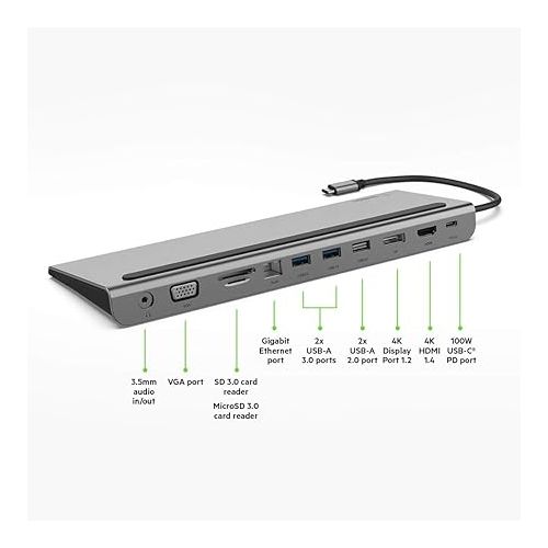 벨킨 Belkin USB C Hub, 11-in-1 Multi-Port Laptop Dock with 4K HDMI, DP, VGA, USB C Docking Station with 100W Power Delivery, USB A, Gigabit Ethernet, SD, MicroSD, 3.5mm Port For MacBook Pro, Air and More