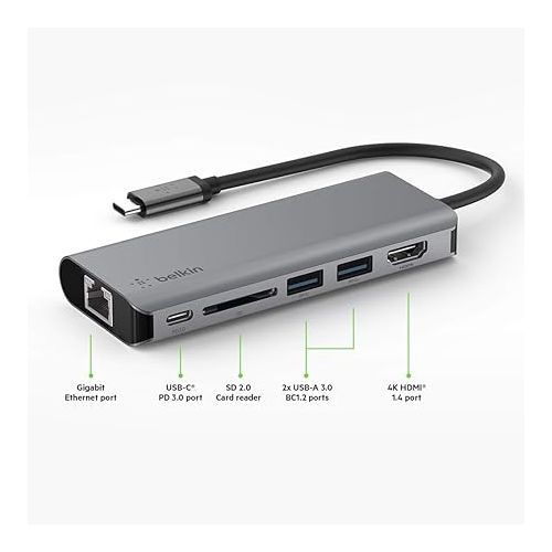 벨킨 Belkin USB C Hub, 6-in-1?MultiPort?Adapter Dock with 4K HDMI, USB-C 100W PD Pass-Through Charging, 2 x USB A, Gigabit Ethernet Ports and SD Slot for MacBook Pro, Air, iPad Pro, XPS and More