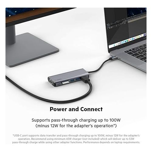 벨킨 Belkin USB C Hub, 6-in-1?MultiPort?Adapter Dock with 4K HDMI, USB-C 100W PD Pass-Through Charging, 2 x USB A, Gigabit Ethernet Ports and SD Slot for MacBook Pro, Air, iPad Pro, XPS and More