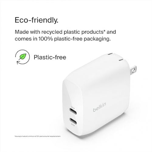 벨킨 Belkin BoostCharge Dual USB-C Wall Charger w/PPS 60W?for Apple iPhone 15, 15 Plus, 15 Pro, 15 Pro Max, iPad, Galaxy S23, Google Pixel - Compatible w/USB-C to Lightning Cable & USB-C to USB-C - White