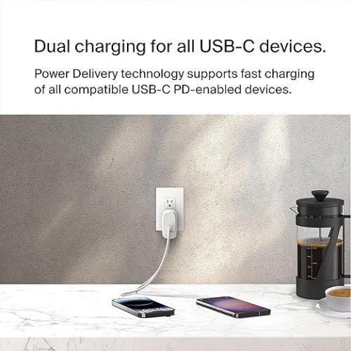 벨킨 Belkin BoostCharge Dual USB-C Wall Charger w/PPS 60W?for Apple iPhone 15, 15 Plus, 15 Pro, 15 Pro Max, iPad, Galaxy S23, Google Pixel - Compatible w/USB-C to Lightning Cable & USB-C to USB-C - White