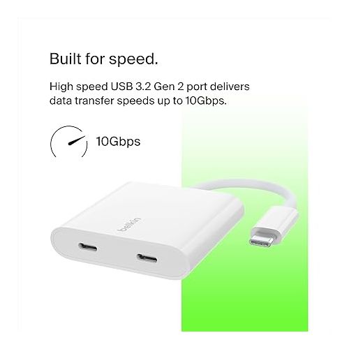 벨킨 Belkin Connect USB-C™ to Dual-Port USB-C Adapter, Hub Dongle with 2 USB-C 3.2 Gen2 Ports & 100W PD with Max 10Gbps High Speed Data Transfer for MacBook, iPad, Chromebook, PC, and More - White