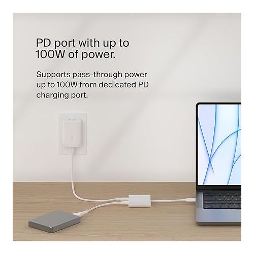 벨킨 Belkin Connect USB-C™ to Dual-Port USB-C Adapter, Hub Dongle with 2 USB-C 3.2 Gen2 Ports & 100W PD with Max 10Gbps High Speed Data Transfer for MacBook, iPad, Chromebook, PC, and More - White