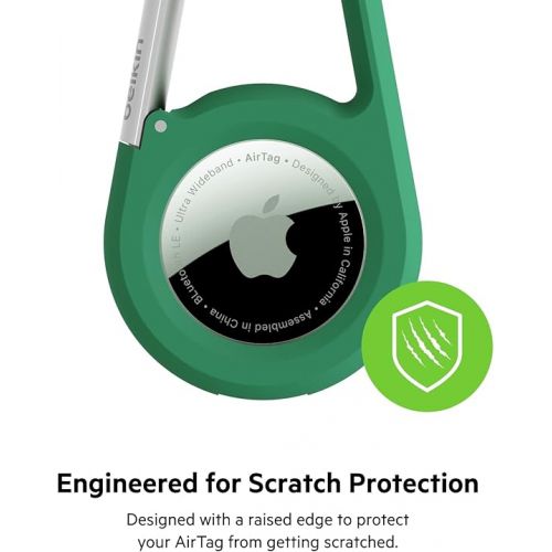 벨킨 Belkin Apple AirTag Secure Holder with Carabiner - Durable Scratch Resistant Case With Open Face & Raised Edges - Protective AirTag Keychain Accessory For Keys, Pets, Luggage & More - Green