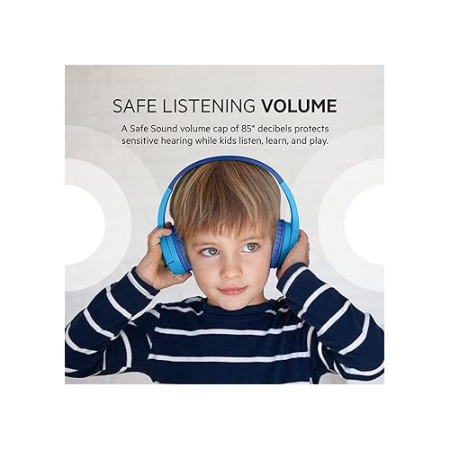 벨킨 Belkin SoundForm Mini - Wireless Bluetooth Headphones for Kids with 30H Battery Life, 85dB Safe Volume Limit, Built-in Microphone - Kids On-Ear Earphones for iPhone, iPad, & More - Blue w/ Case