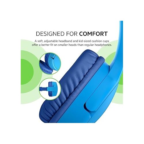 벨킨 Belkin SoundForm Mini - Wireless Bluetooth Headphones for Kids with 30H Battery Life, 85dB Safe Volume Limit, Built-in Microphone - Kids On-Ear Earphones for iPhone, iPad, & More - Blue w/ Case