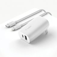 Belkin Wall Charger 32W C to Lightning Cable Included PD with 20W usb c & 12W USB A Ports for USB-C Power Delivery Compatible with iPhone 12, 12 pro, 12 pro Max, iPad, AirPods and More