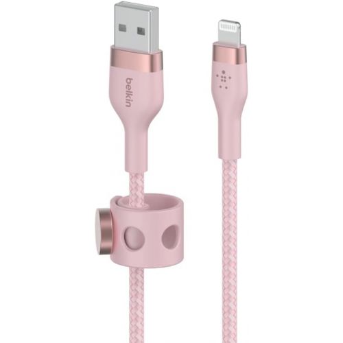 벨킨 Belkin BoostCharge Pro Flex Braided USB Type A to Lightning Cable (3M/10FT), MFi Certified Charging Cable for iPhone 14, 13, 12, 11, Pro, Max, Mini, SE, iPad and More - Pink