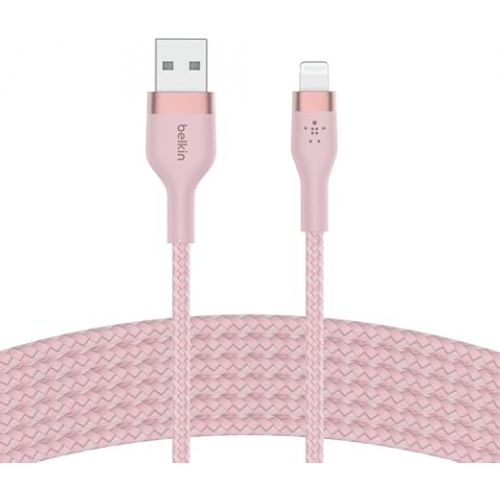 벨킨 Belkin BoostCharge Pro Flex Braided USB Type A to Lightning Cable (3M/10FT), MFi Certified Charging Cable for iPhone 14, 13, 12, 11, Pro, Max, Mini, SE, iPad and More - Pink