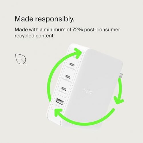 벨킨 Belkin 140W 4-Port GaN Wall Charger, Multi-Port Charger Block w/USB-C Power Delivery Fast Charge & USB-A Port for Apple MacBook, iPhone 15 Series, iPad Pro, Samsung Galaxy S24, Google Pixel, & More