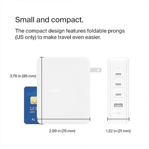 벨킨 Belkin 140W 4-Port GaN Wall Charger, Multi-Port Charger Block w/USB-C Power Delivery Fast Charge & USB-A Port for Apple MacBook, iPhone 15 Series, iPad Pro, Samsung Galaxy S24, Google Pixel, & More