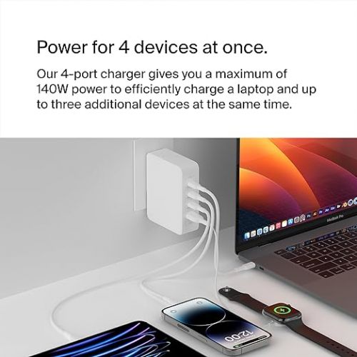 벨킨 Belkin 140W 4-Port GaN Wall Charger, Multi-Port Charger Block w/USB-C Power Delivery Fast Charge & USB-A Port for Apple MacBook, iPhone 15 Series, iPad Pro, Samsung Galaxy S24, Google Pixel, & More