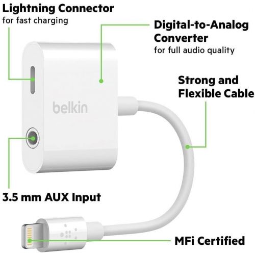 벨킨 Belkin 3.5mm Audio + Charge Rockstar (iPhone Aux Adapter, iPhone Charging Adapter for iPhone 11, 11 Pro, 11 Pro Max, XS, XS Max, XR, 8, 8 Plus and More)