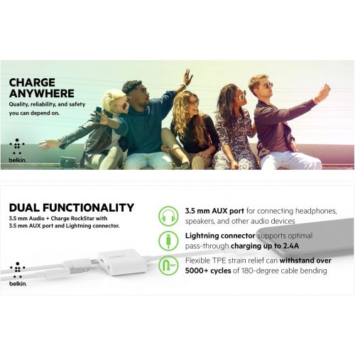 벨킨 Belkin 3.5mm Audio + Charge Rockstar (iPhone Aux Adapter, iPhone Charging Adapter for iPhone 11, 11 Pro, 11 Pro Max, XS, XS Max, XR, 8, 8 Plus and More)