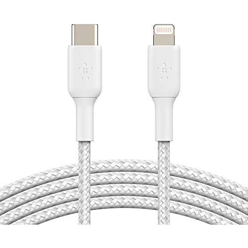 벨킨 Belkin Braided USB-C to Lightning Cable (iPhone Fast Charging Cable for iPhone 8 or Later) Boost Charge MFi-Certified iPhone USB-C Cable, 3ft/1m, White