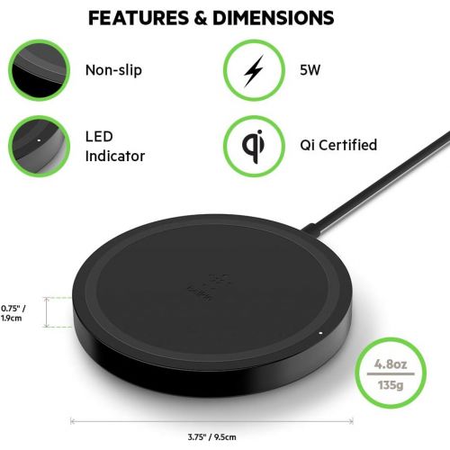 벨킨 Belkin Wireless Charger 5W - Boost Up Wireless Charging Pad for iPhone 11, 11 Pro, 11 Pro Max, XS, XS Max, XR, X, 8, 8 Plus, AirPods 2 and more, Compatible with all Qi enabled devi