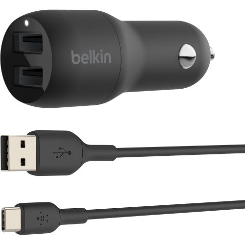 벨킨 Belkin Dual USB Car Charger 24W + USB-C Cable (Boost Charge Dual Port Car Charger, 2-Port USB Car Charger) Nintendo Switch Car Charger, iPad Pro Car Charger