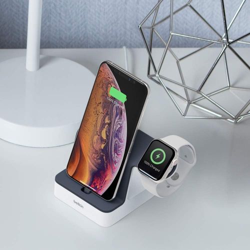 벨킨 Belkin iPhone Charging Dock + Apple Watch Charging Stand (PowerHouse iPhone Charging Station) iPhone Dock, Apple Watch Dock, Apple Charging Station (White)