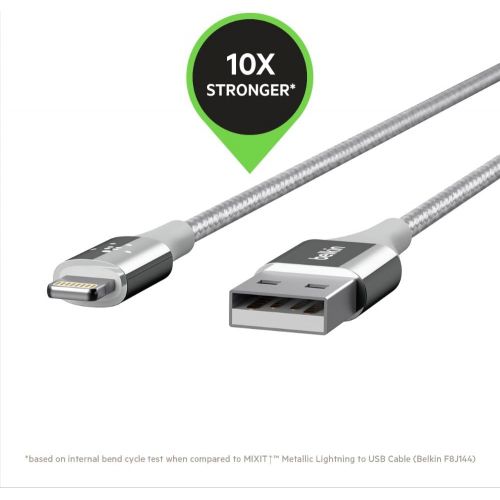 벨킨 Belkin MIXIT DuraTek Lightning to USB Cable - MFi-Certified iPhone Charging Cable for iPhone 11, 11 Pro, 11 Pro Max, XS, XS Max, XR, X, 8/8 Plus and more (4ft/1.2m), Silver