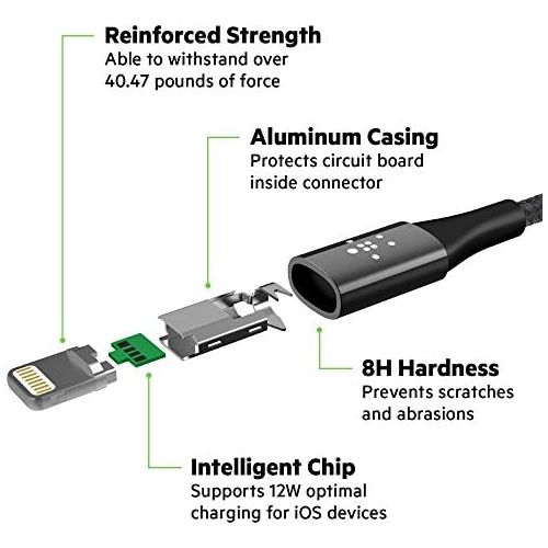 벨킨 Belkin MIXIT DuraTek Lightning to USB Cable - MFi-Certified iPhone Charging Cable for iPhone 11, 11 Pro, 11 Pro Max, XS, XS Max, XR, X, 8/8 Plus and more (4ft/1.2m), Silver