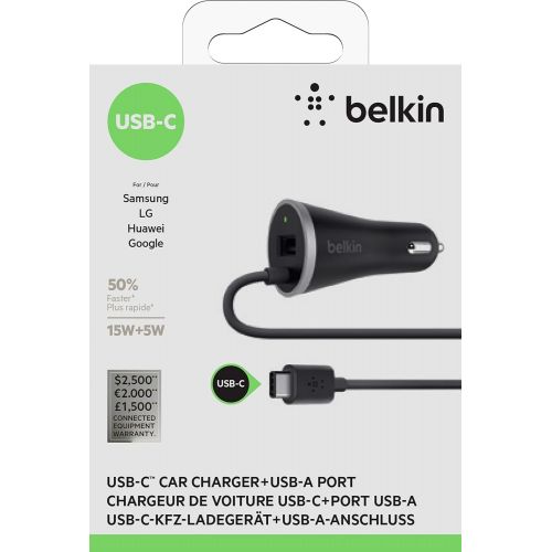 벨킨 Belkin USB-C Car Charger with Hardwired USB-C Cable (4ft/1.2m / 15 Watt) for Samsung Galaxy S10, S10+, S10e, Google Pixel 3, Nintendo Switch and More