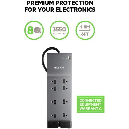 벨킨 Belkin 8-Outlet Power Strip Surge Protector w/ Flat Plug, 6ft Cord  Ideal for Computers, Home Theatre, Appliances, Office Equipment (3,550 Joules)