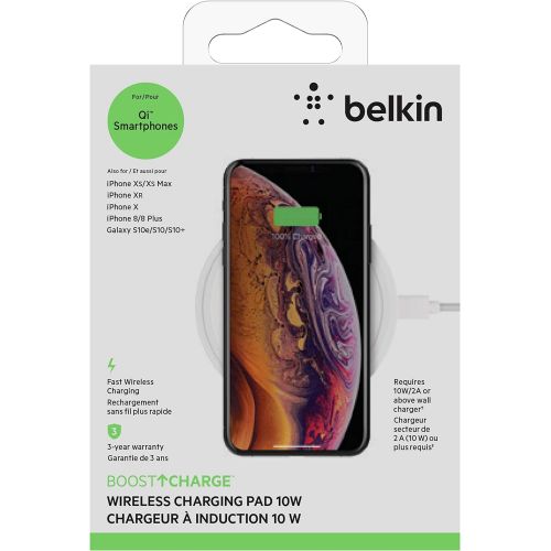 벨킨 Belkin Boost Up Wireless Charging Pad 10W  Qi Wireless Charger for iPhone XS, XS Max, XR / Samsung Galaxy S9, S9+, Note9 / LG, Sony and more (White)