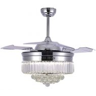 Bella Depot Modern Drum Ceiling Fan, 42 4 Bladeless Ceiling Fan Chandelier fan, LED Lights, Remote Control, Retractable Blades, 2 Down-rods, Crystals, Chrome Finish