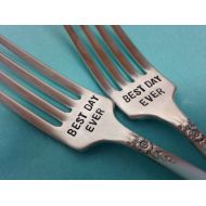 BellaJacksonStudios Best Day Ever recycled silverware vintage silverware hand stamped pastry fork cake fork