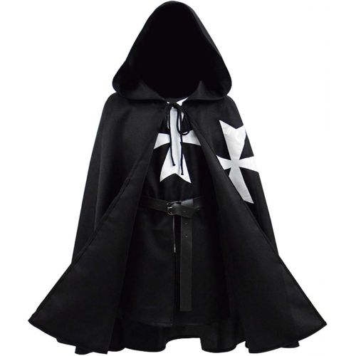 할로윈 용품BellaPunk Kids Boys Medieval Templar Maltese Knight Cloak Tunic Vest Hospitaller Cape Halloween Costume (10, Black fullset)