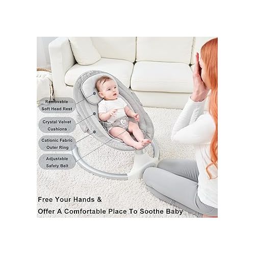  Bellababy Bluetooth Baby Swing for Infants, Compact & Portable Baby Bouncer, 3 Seat Positions, 5 Speed, 10 Lullabies, Remote Control, USB Plug-in Power, Indoor/Outdoor Baby Rocker, Boy/Girl Gray