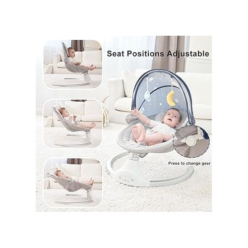  Bellababy Bluetooth Baby Swing for Infants, Compact & Portable Baby Bouncer, 3 Seat Positions, 5 Speed, 10 Lullabies, Remote Control, USB Plug-in Power, Indoor/Outdoor Baby Rocker, Boy/Girl Gray