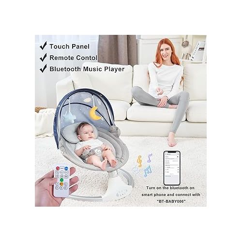  Bellababy Bluetooth Baby Swing for Infants, Compact & Portable Baby Bouncer, 3 Seat Positions, 5 Speed, 10 Lullabies, Remote Control, USB Plug-in Power, Indoor/Outdoor Baby Rocker, Boy/Girl Gray