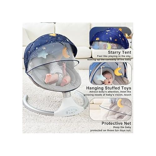  Bellababy Bluetooth Baby Swing for Infants, Compact & Portable Baby Bouncer, 3 Seat Positions, 5 Speed, 10 Lullabies, Remote Control, USB Plug-in Power, Indoor/Outdoor Baby Rocker, Boy/Girl Gray