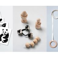 Bellascasa Montessori Toys (egg and peg with cup, grasping beads, rattle) , Hanging Toys (ring and bell) and Black & White Animal Art Cards Set