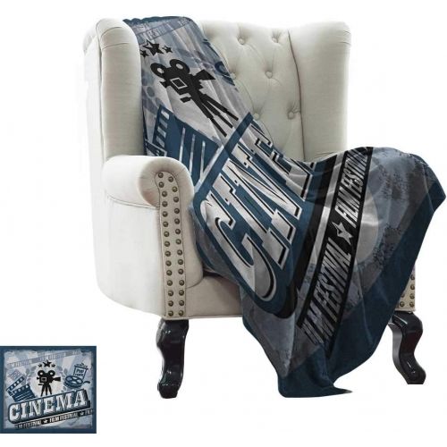  BelleAckerman Soft Blanket King Size Movie Theater,Vintage Cinema Poster Design with Grunge Effect and Old Fashioned Icons, Blue Black Grey Soft, Fuzzy, Cozy, Lightweight Blankets