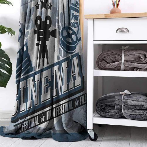  BelleAckerman Soft Blanket King Size Movie Theater,Vintage Cinema Poster Design with Grunge Effect and Old Fashioned Icons, Blue Black Grey Soft, Fuzzy, Cozy, Lightweight Blankets