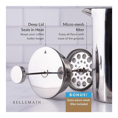  Bellemain French Press Coffee Maker Extra Filters Included, 35 oz, Stainless Steel