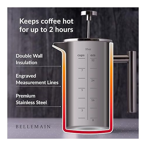  Bellemain French Press Coffee Maker Extra Filters Included, 35 oz, Stainless Steel