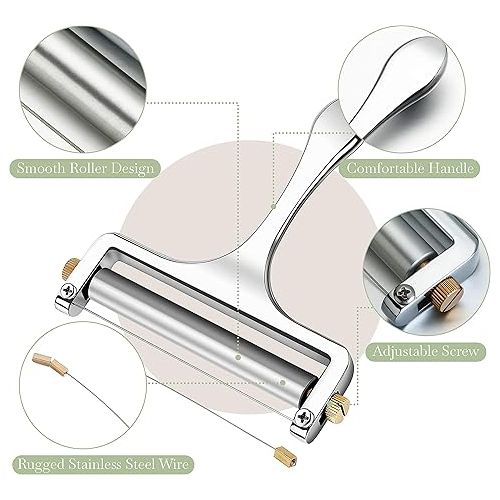  Bellemain Stainless Steel Wire Cheese Slicer - Hand Held Cheese Cutter for Cheddar, Gruyere, Raclette, Mozzarella Cheese Block, Adjustable Cheese Shaver, Thick & Thin Slicer, Cheese Curler (Silver)