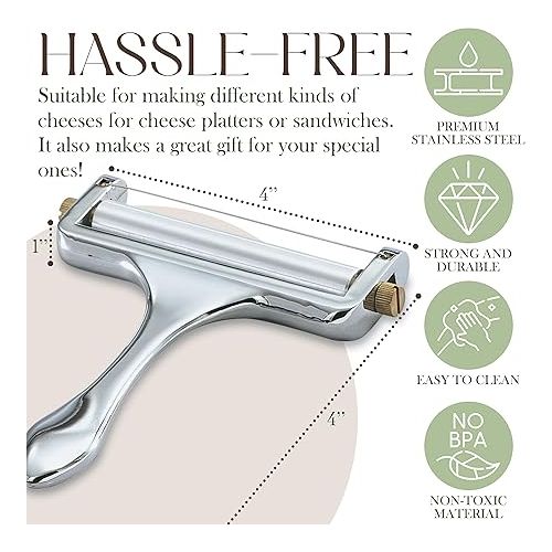 Bellemain Stainless Steel Wire Cheese Slicer - Hand Held Cheese Cutter for Cheddar, Gruyere, Raclette, Mozzarella Cheese Block, Adjustable Cheese Shaver, Thick & Thin Slicer, Cheese Curler (Silver)