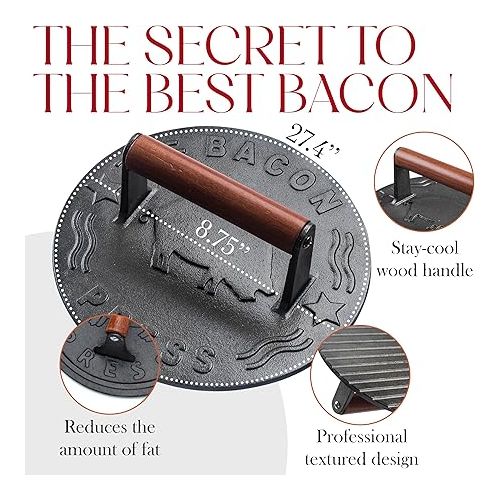  Bellemain Bacon Press 8.5-Inch Round | Heavy-duty Cast Iron Grill Press for Perfectly Seared Bacon, Steak & Sandwiches | Equalized Weight Distribution | Food-Grade Press with Wood Handle | 3 lbs