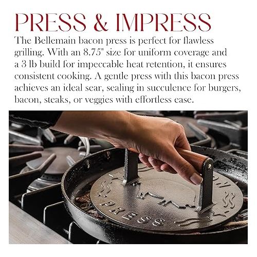  Bellemain Bacon Press 8.5-Inch Round | Heavy-duty Cast Iron Grill Press for Perfectly Seared Bacon, Steak & Sandwiches | Equalized Weight Distribution | Food-Grade Press with Wood Handle | 3 lbs