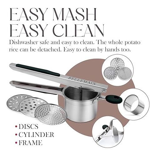  Bellemain Potato Ricer 15 oz with 3 Interchangeable Discs |Potato Masher Stainless Steel, Sweet Potato Masher Kitchen Tool | Spaetzle Maker Press, Khuon Banh Lot, Spaetzle Noodle Maker (Black)