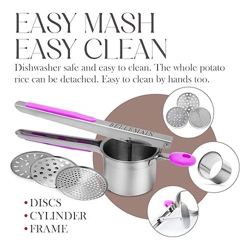  Bellemain Potato Ricer 15 oz with 3 Interchangeable Discs |Potato Masher Stainless Steel, Sweet Potato Masher Kitchen Tool | Spaetzle Maker Press, Khuon Banh Lot, Spaetzle Noodle Maker (Purple)