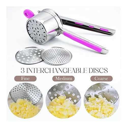  Bellemain Potato Ricer 15 oz with 3 Interchangeable Discs |Potato Masher Stainless Steel, Sweet Potato Masher Kitchen Tool | Spaetzle Maker Press, Khuon Banh Lot, Spaetzle Noodle Maker (Purple)