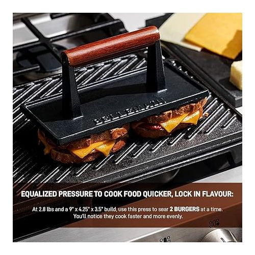  Bellemain Cast Iron Grill Press - Steak Meat Press, Meat Flattener, Bacon Press, Smash Burger Press for Griddle, Panini Press, Grill Sandwich Press - Wood Handle, 2.6 lbs